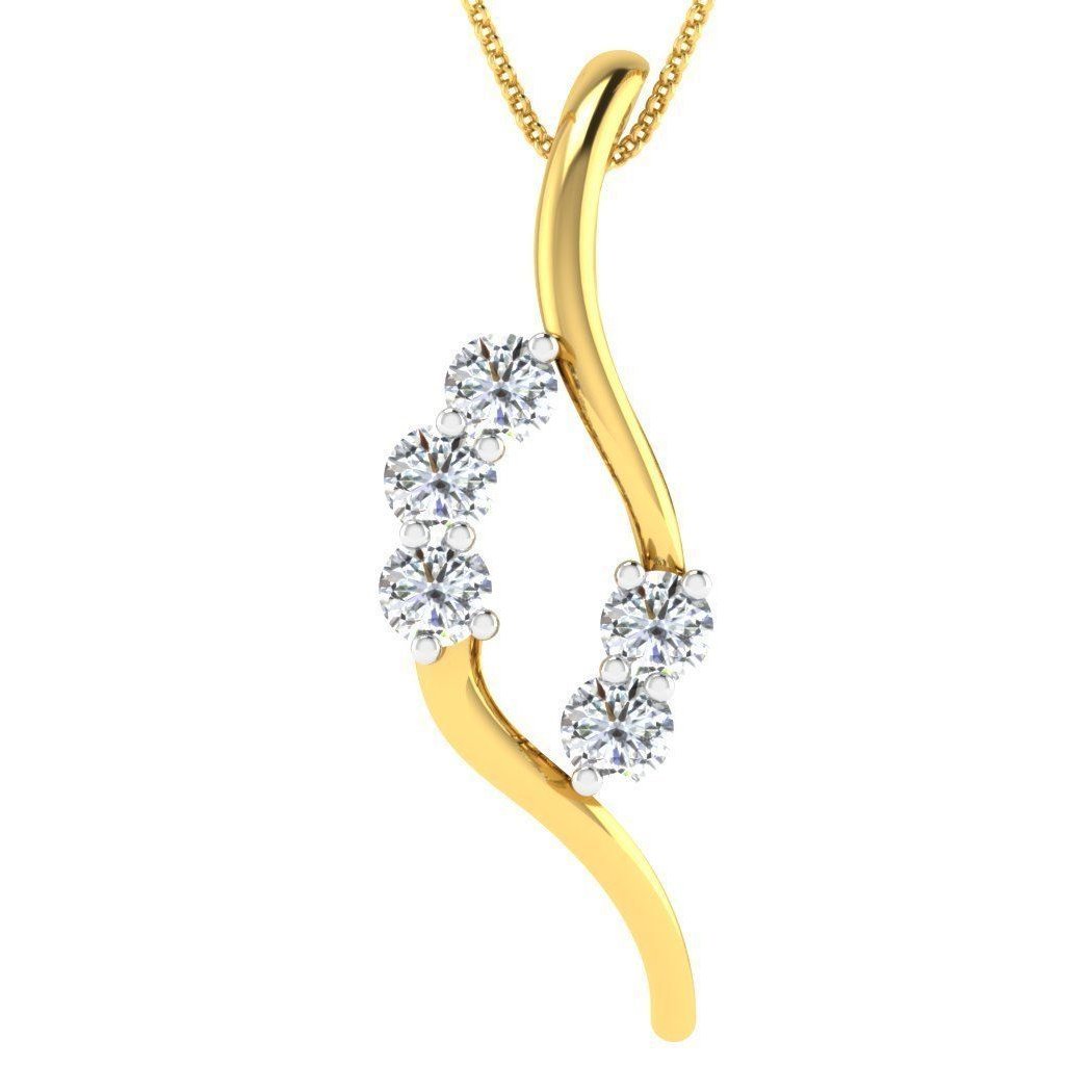 The Zaria Diamond Pendant by Niraa showcases six round, sparkling diamonds in a wavy design with two curved rows. It hangs on a delicate gold chain, exuding an elegant and sophisticated allure.