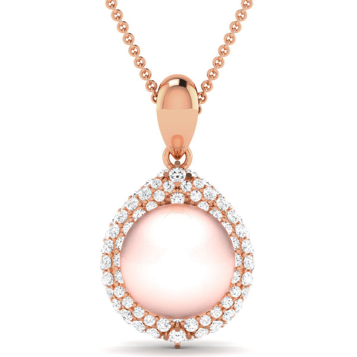 The Itzayana Diamond Pendant by Niraa showcases a pink pearl encircled by two rows of sparkling diamonds. Its delicate rose gold chain enhances the pendants refined design. Please ensure product descriptions are clear for optimal assistance.