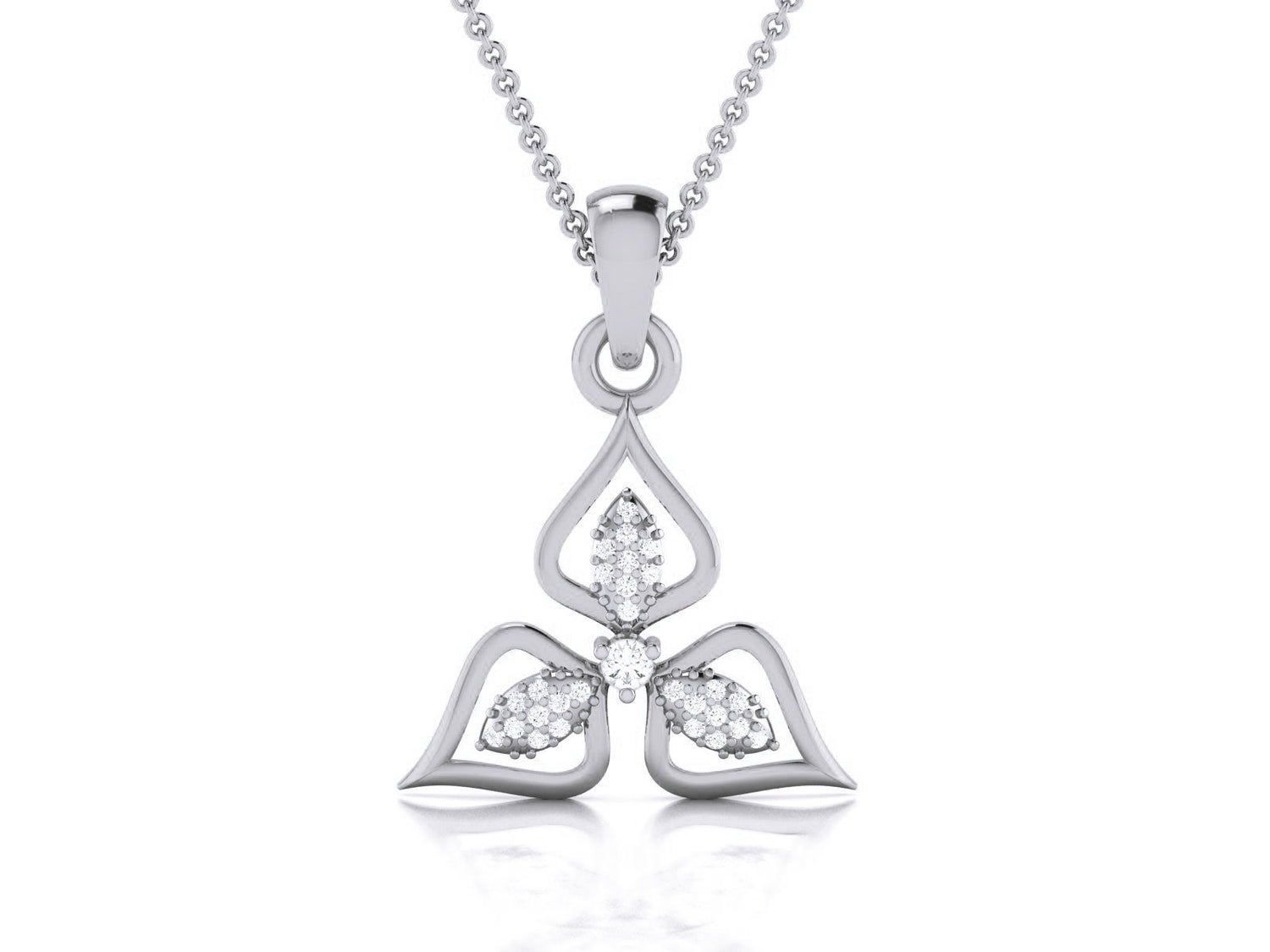 The Milana Diamond Pendant by Niraa is a silver necklace featuring a floral design with three gemstone-encrusted petals intricately connected at the center, elegantly suspended from a sleek chain, beautifully blending natures grace with artistic flair.