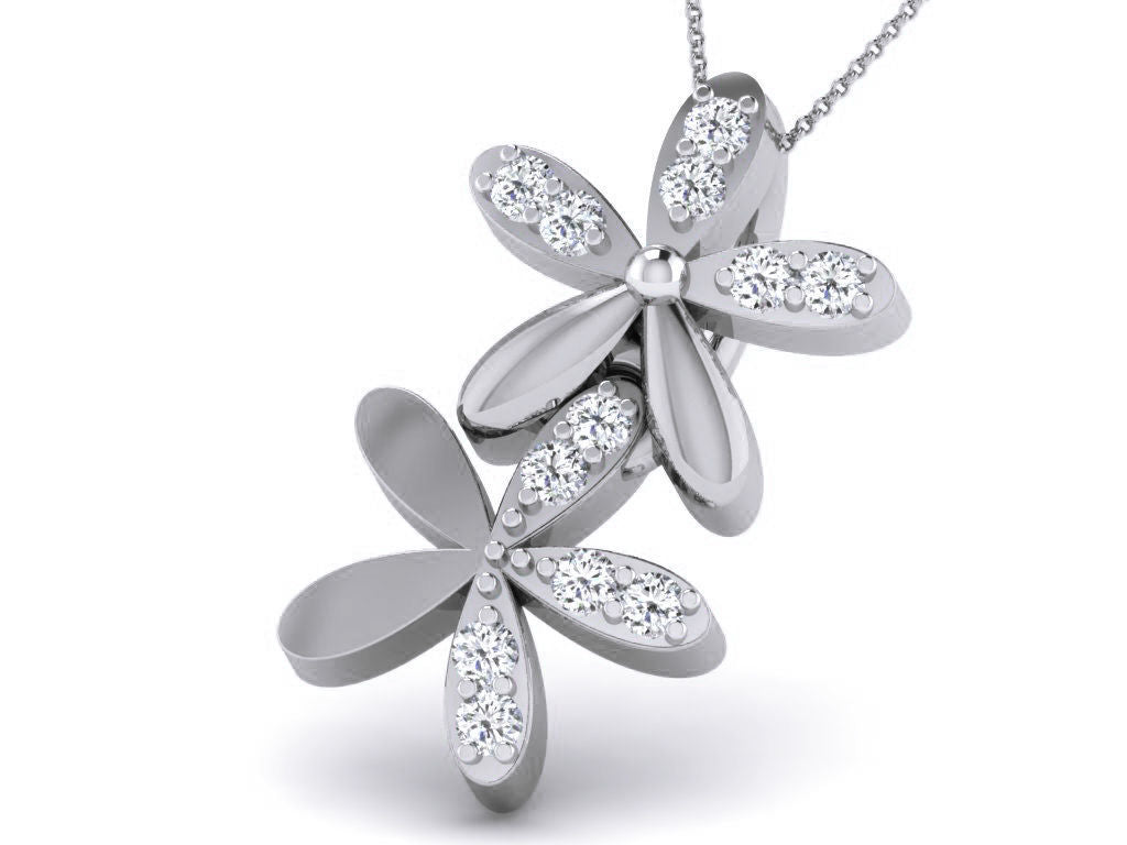 The Aya Diamond Pendant by Niraa is a silver necklace with a pendant shaped like two elegant flowers adorned with shimmering white gemstones, capturing timeless beauty and style.