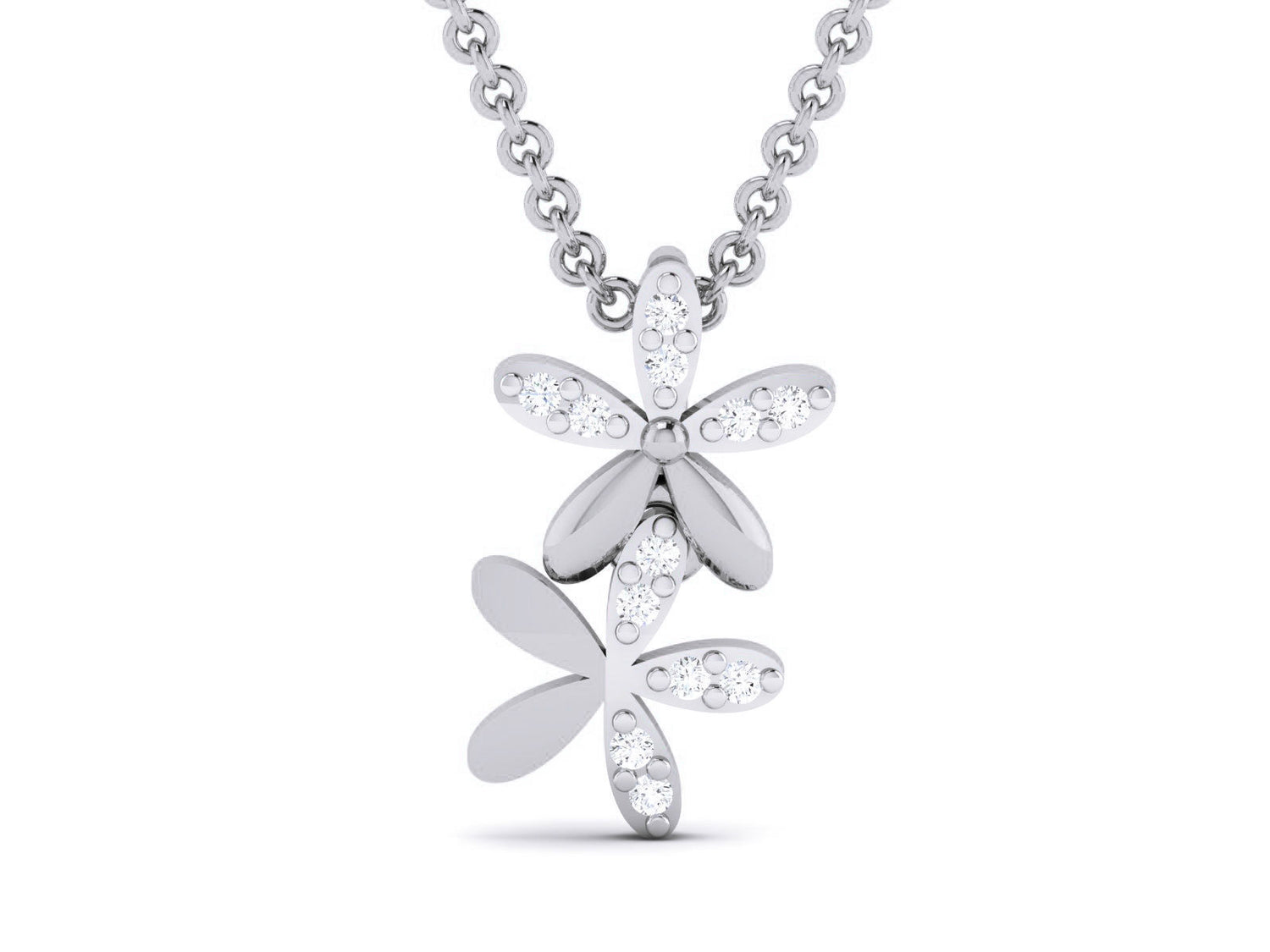 The Aya Diamond Pendant by Niraa is a silver necklace with a pendant shaped like two elegant flowers adorned with shimmering white gemstones, capturing timeless beauty and style.