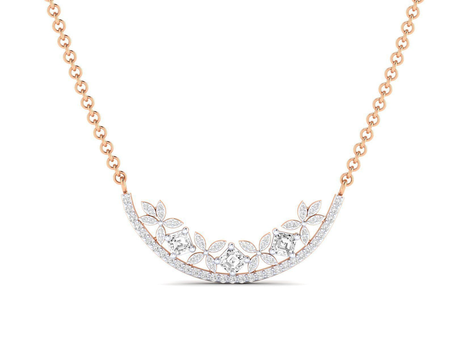 The Chana Diamond Pendant by Niraa is an elegant silver necklace featuring a crescent-shaped pendant with intricate floral patterns and sparkling gemstones. Its evenly spaced links enhance the refined design, embodying understated beauty and sophistication.