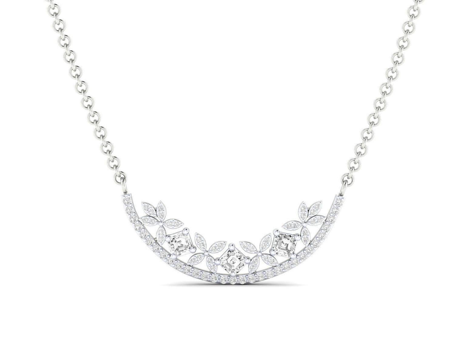 The Chana Diamond Pendant by Niraa is an elegant silver necklace featuring a crescent-shaped pendant with intricate floral patterns and sparkling gemstones. Its evenly spaced links enhance the refined design, embodying understated beauty and sophistication.