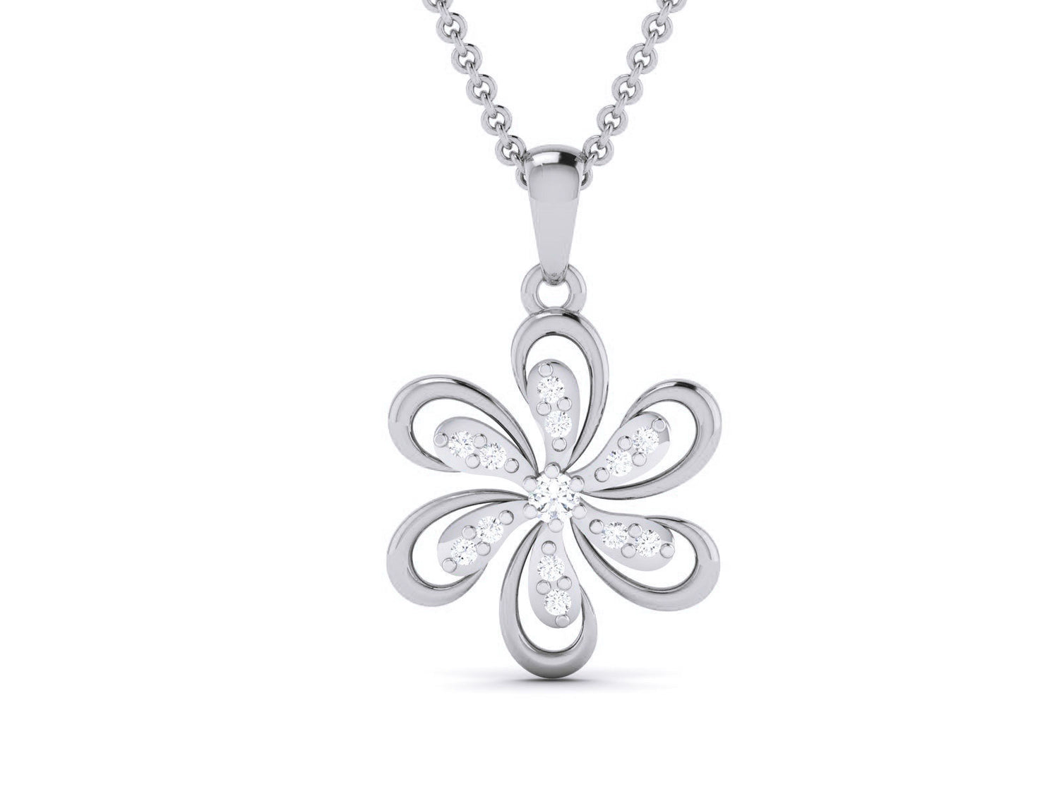 The Amani Diamond Pendant by Niraa features a silver flower design with six open-loop petals studded with clear gemstones, hanging elegantly from a beaded chain, creating a captivating and luxurious look.