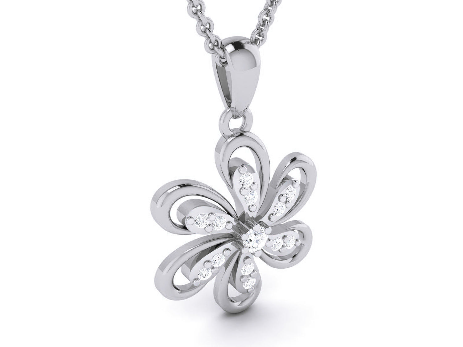 The Amani Diamond Pendant by Niraa features a silver flower design with six open-loop petals studded with clear gemstones, hanging elegantly from a beaded chain, creating a captivating and luxurious look.