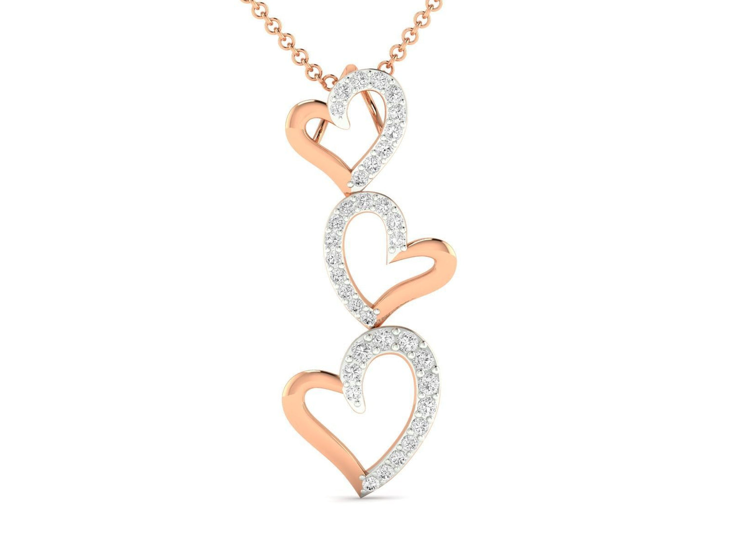 The Analia Diamond Pendant by Niraa features three interwoven heart shapes outlined in rose gold and embellished with diamonds, hanging vertically from a matching chain for timeless elegance. Let me know if you need further assistance!.