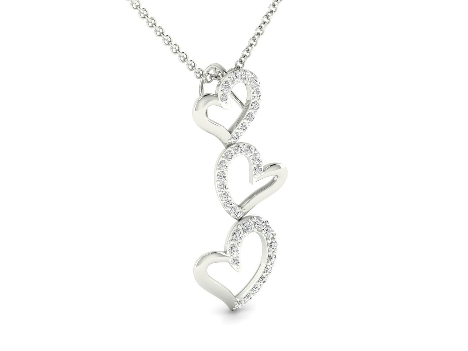 The Analia Diamond Pendant by Niraa features three interwoven heart shapes outlined in rose gold and embellished with diamonds, hanging vertically from a matching chain for timeless elegance. Let me know if you need further assistance!.
