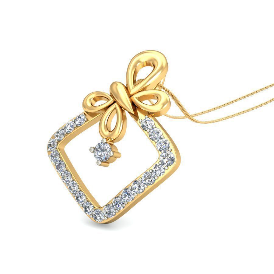 The Nala Diamond Pendant by Niraa features an intricate butterfly motif atop a gold base adorned with diamonds. A central, round diamond hangs elegantly in the square base, capturing light beautifully.