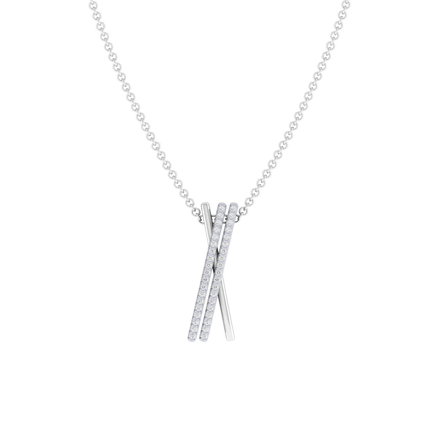 The Lacey Diamond Pendant by Niraa features a modern design with two parallel, overlapping bars—one in polished gold and the other adorned with small sparkling white gemstones.