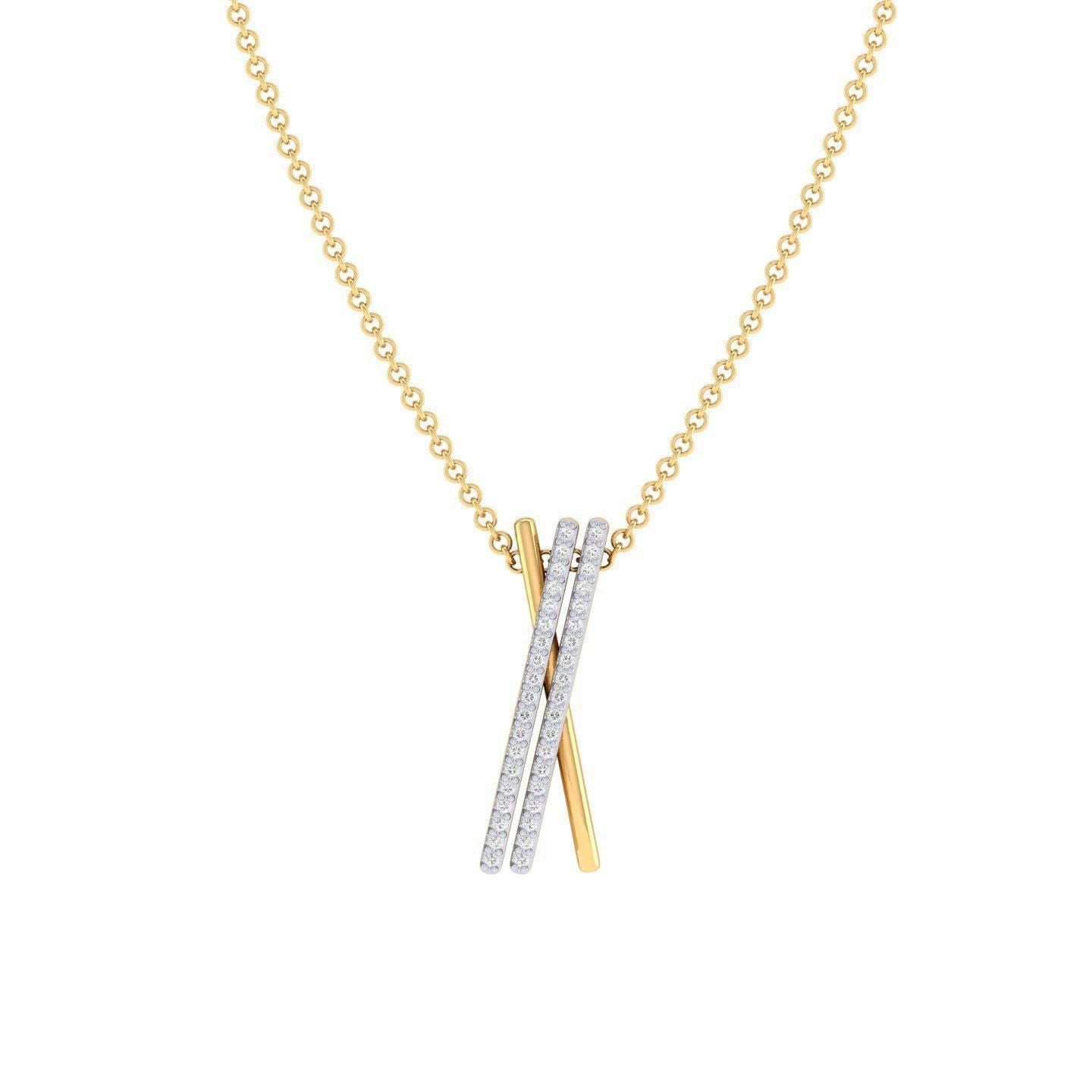 The Lacey Diamond Pendant by Niraa features a modern design with two parallel, overlapping bars—one in polished gold and the other adorned with small sparkling white gemstones.