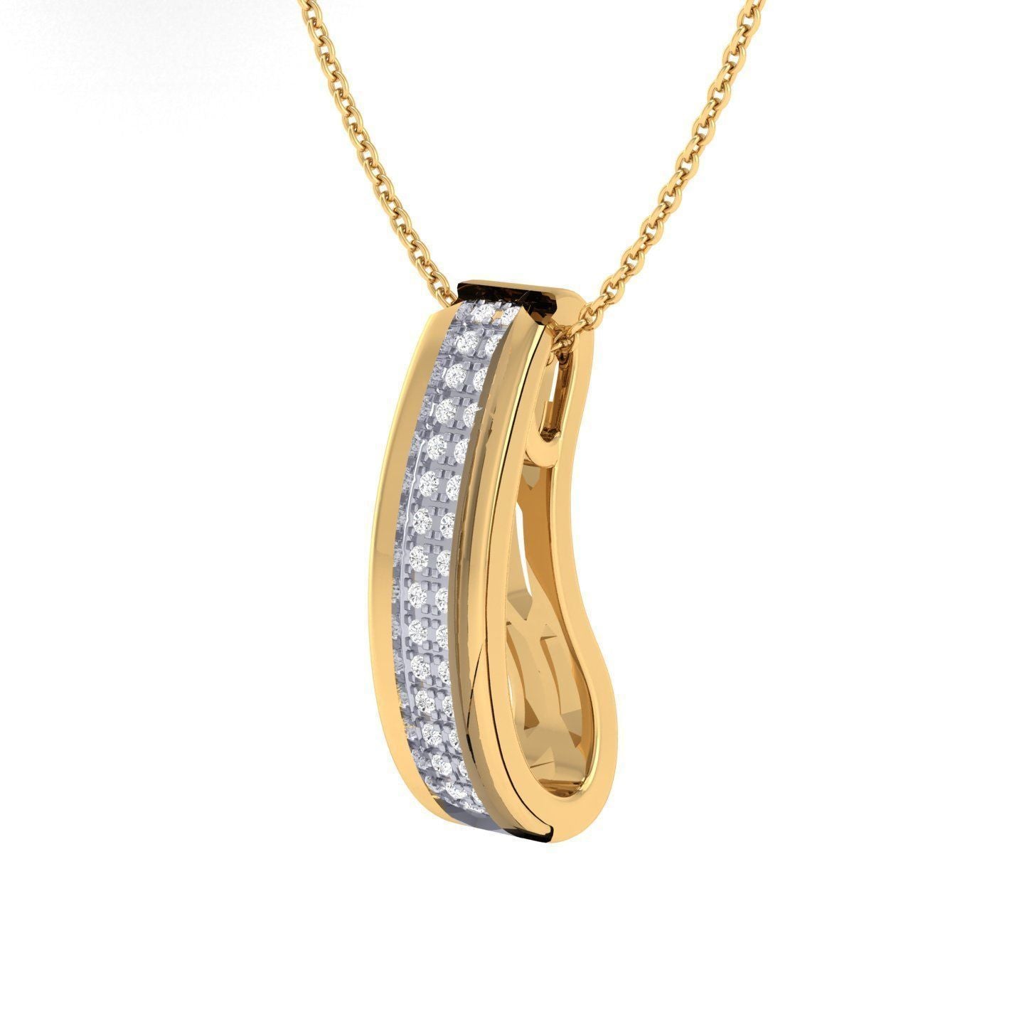 The Niraa Addyson Diamond Pendant showcases a modern design with a sleek gold necklace featuring a rectangular pendant adorned with a vertical row of small diamonds, elegantly hanging on a gold chain to exude sophistication and timeless charm.