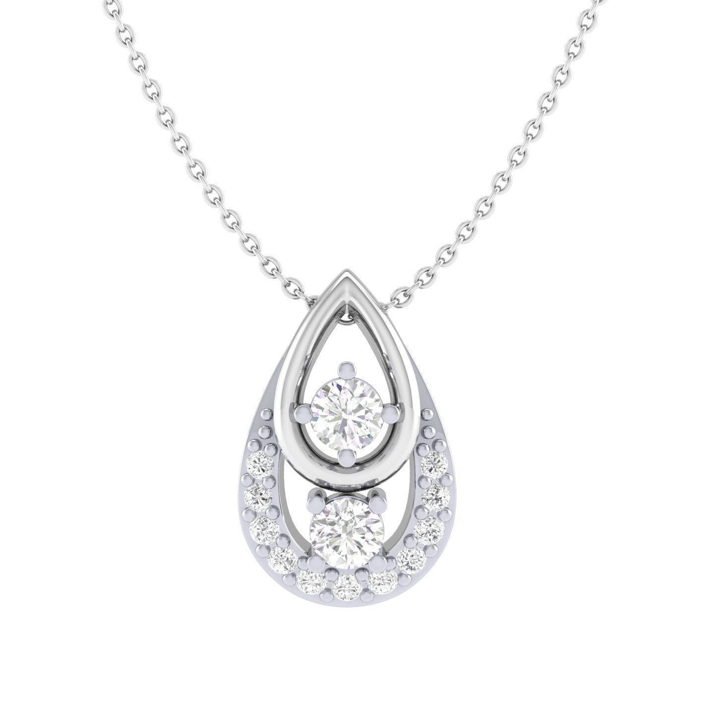 The Roselyn Diamond Pendant by Niraa is a stunning gold chain necklace with a teardrop-shaped pendant featuring two central diamonds surrounded by smaller ones in a mixed gold and silver setting, effortlessly enhancing any outfit with its timeless elegance.