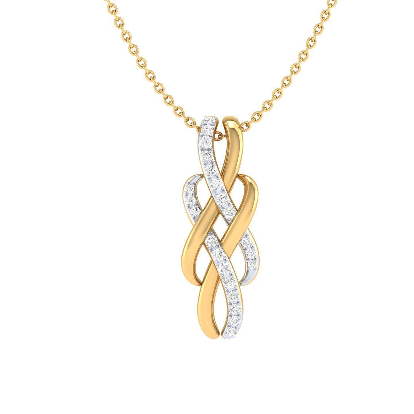 The Aleena Diamond Pendant by Niraa features an elegant design with intertwined gold loops, some smooth and others encrusted with small diamonds, creating a graceful yet sophisticated look.
