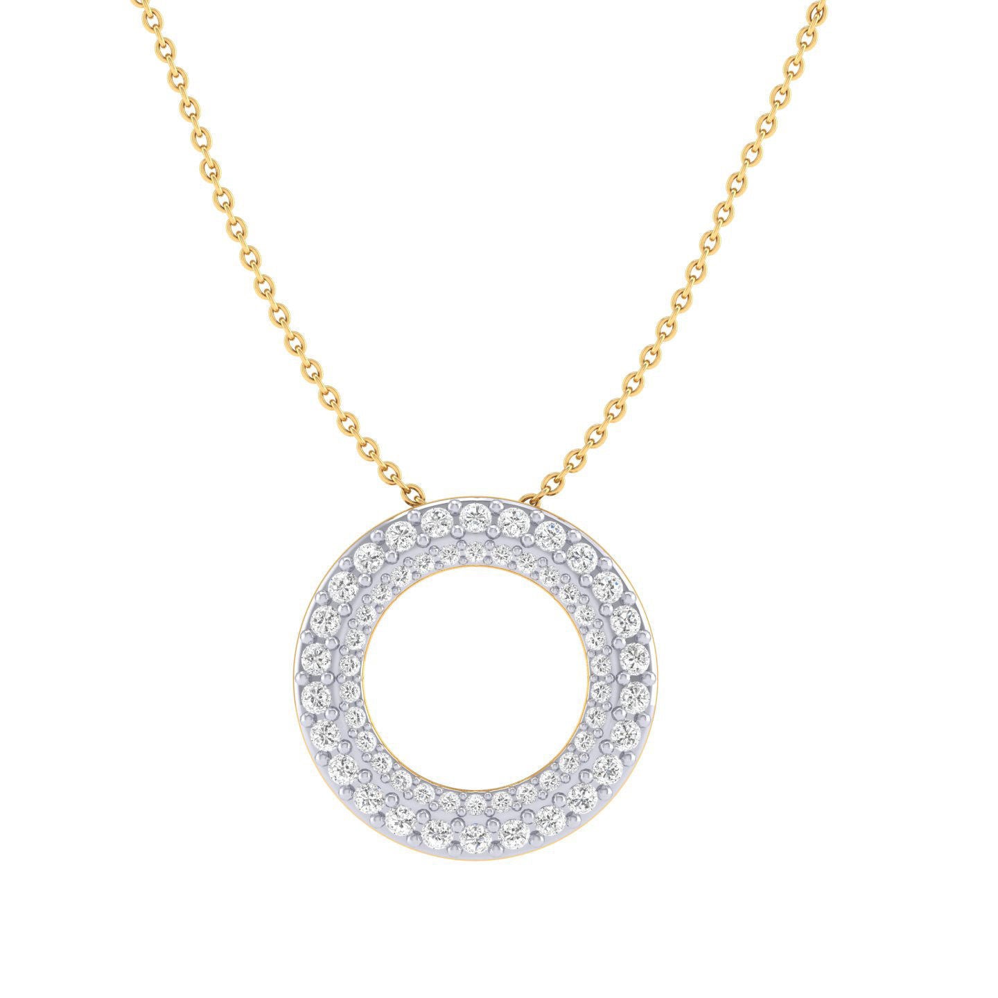 The Braelyn Diamond Pendant by Niraa is a silver necklace with a circular pendant adorned with sparkling crystals in concentric circles, elegantly hanging from a delicate chain.