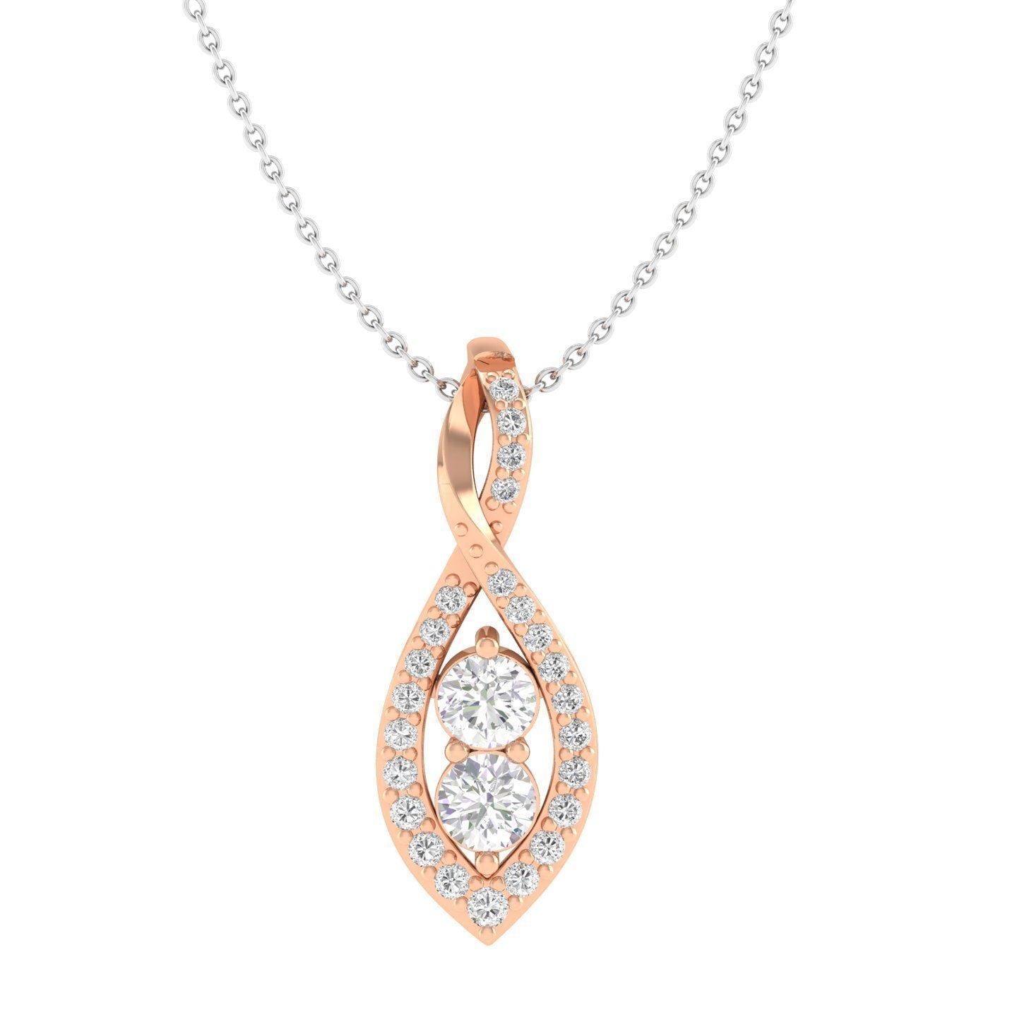 The Nola Diamond Pendant by Niraa is a gold chain necklace featuring a pendant with two central round diamonds, framed by smaller diamonds in a twisted leaf-shaped design. Perfectly blending gold and silver tones, this exquisite piece offers timeless luxury.