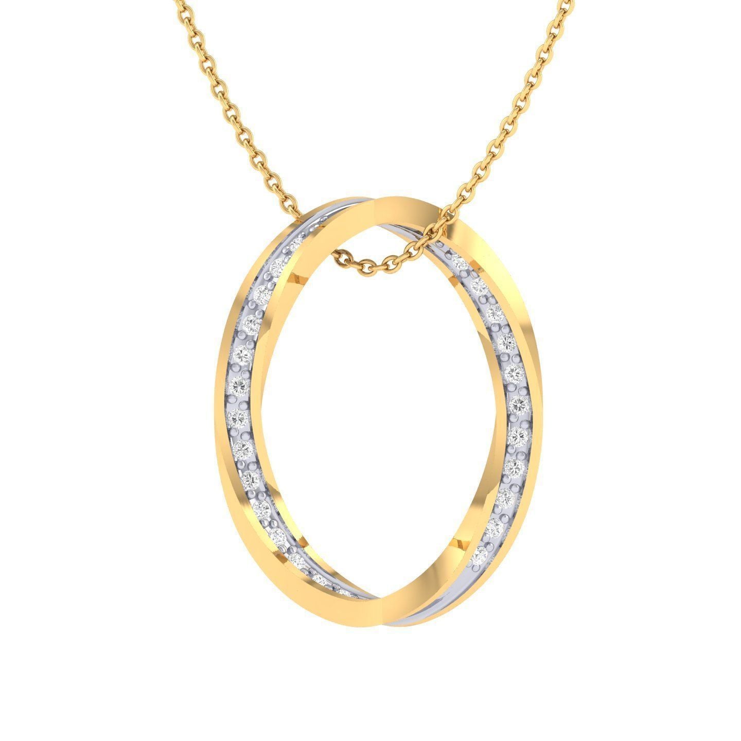 Niraas Ivory Diamond Pendant features a rose-gold necklace with an oval pendant, adorned with small sparkling stones along one edge, hanging from a delicate chain.