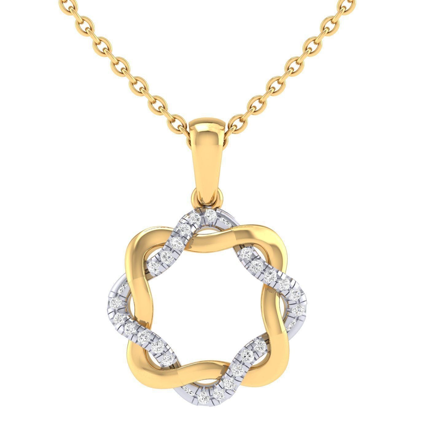 The Chaya Diamond Pendant from Niraa features a gold chain with an intertwined star-shaped design. The pendant alternates between gold and silver tones, embellished with small stones for a textured, elegant look.