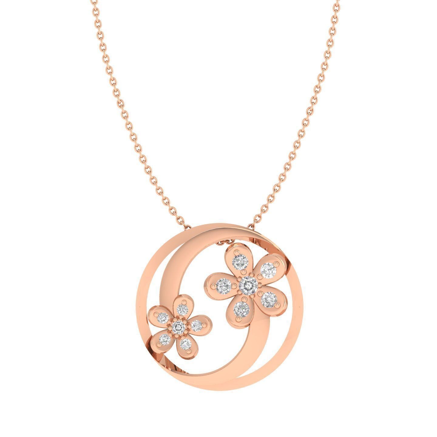 The Niraa Dallas Diamond Pendant features two overlapping circles with floral designs and diamond accents at the petal centers, complemented by a delicate gold chain.