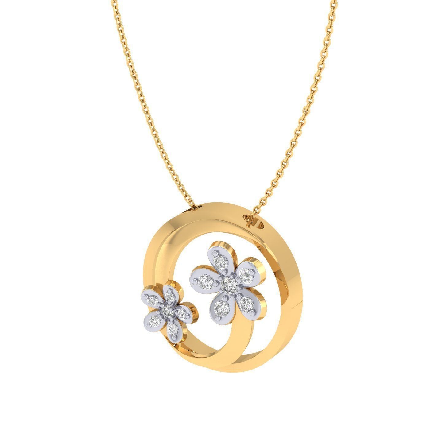 The Niraa Dallas Diamond Pendant features two overlapping circles with floral designs and diamond accents at the petal centers, complemented by a delicate gold chain.