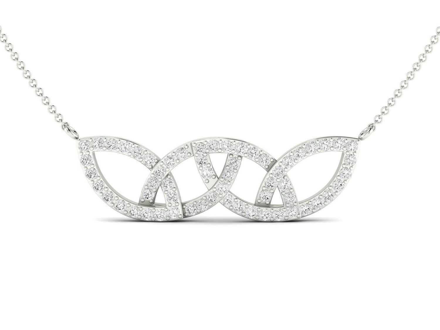 The Niraa Lylah Diamond Pendant features a luxurious gold necklace with three interlocking loops encrusted with sparkling diamonds on a fine chain, creating an intricate and timeless design.