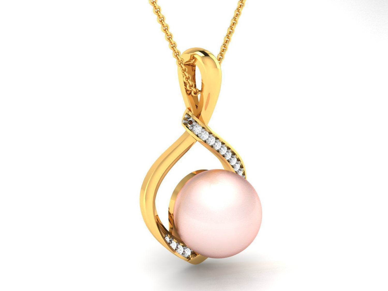 The Karen Diamond Pendant by Niraa features a lustrous pink pearl embraced by a gold loop adorned with diamonds on one side. Suspended from a delicate gold chain, it exudes timeless sophistication.
