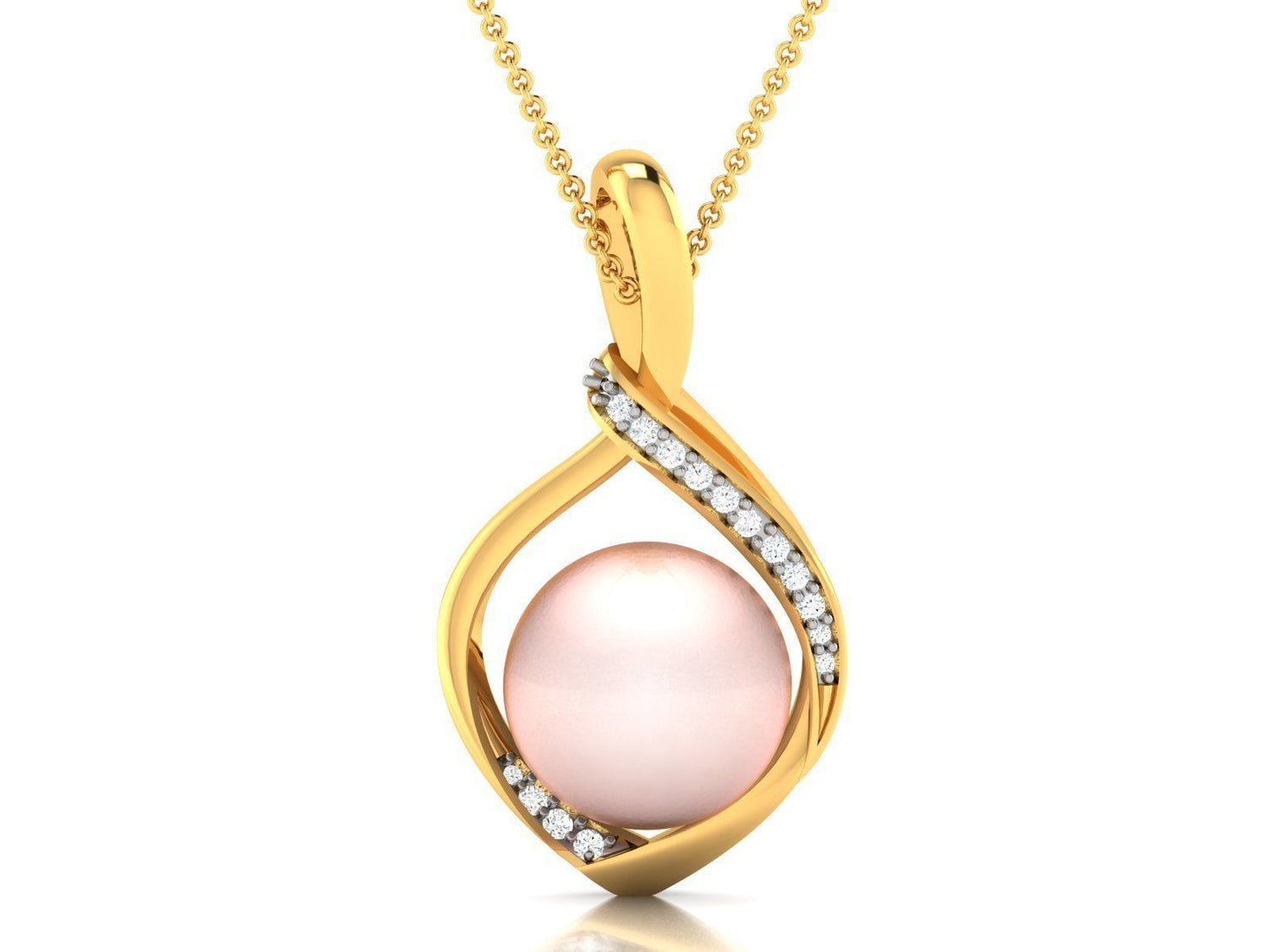 The Karen Diamond Pendant by Niraa features a lustrous pink pearl embraced by a gold loop adorned with diamonds on one side. Suspended from a delicate gold chain, it exudes timeless sophistication.