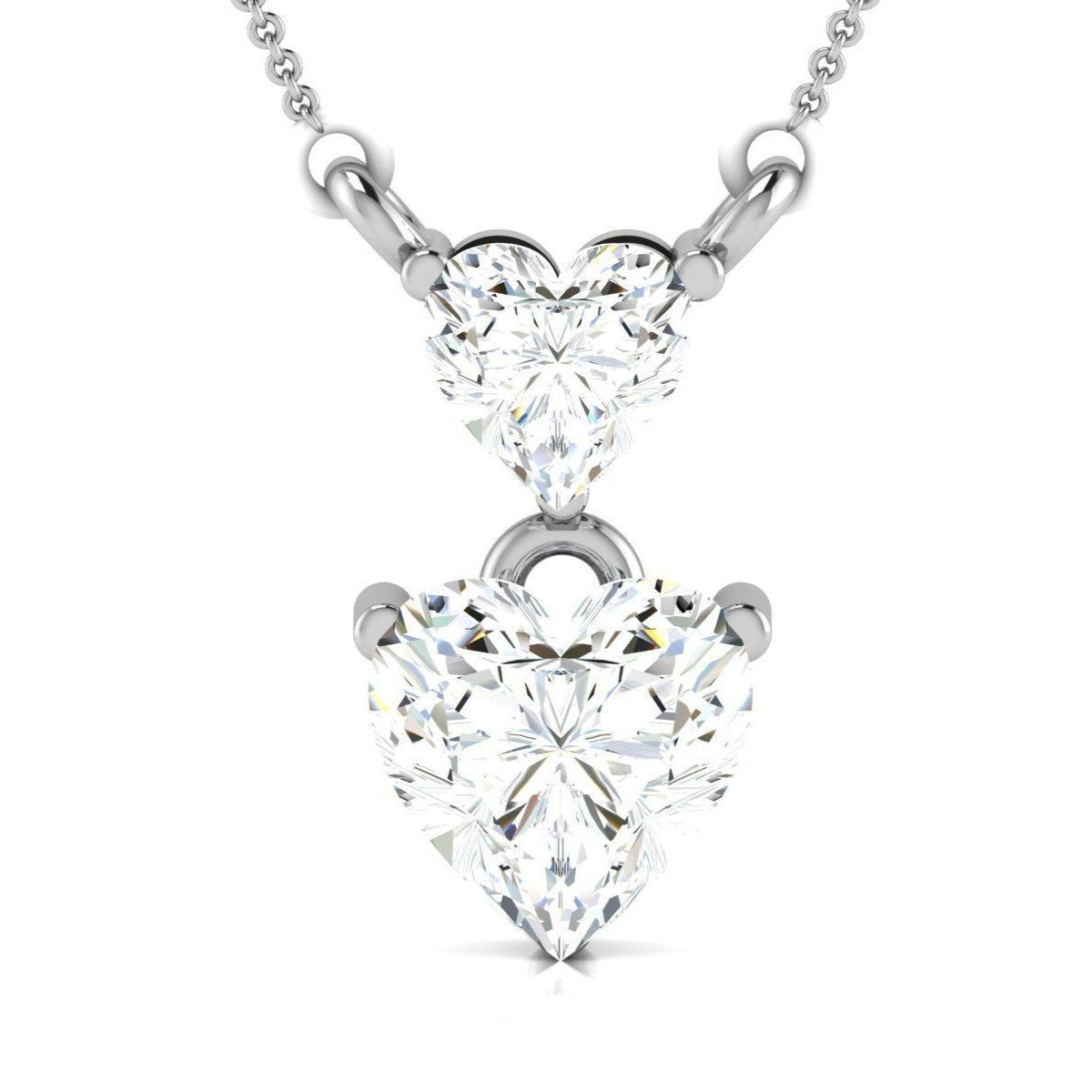 The Elaine Diamond Pendant by Niraa features two heart-shaped diamonds on a silver chain, with a smaller diamond gracefully connecting to a larger one. Intricately cut for brilliance, this romantic piece exudes timeless elegance and sophistication.