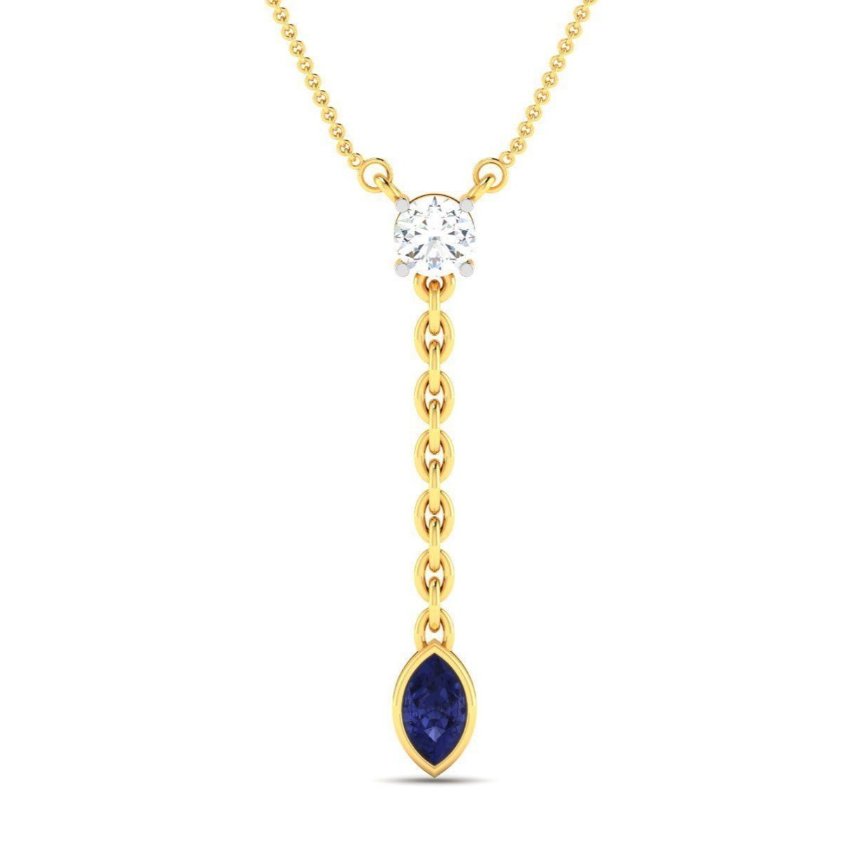 The Hayley Diamond Pendant by Niraa features a captivating gold chain with a round white gemstone connected to a dangling deep blue, marquise-cut gem, offering an exquisite touch of timeless elegance to any ensemble.
