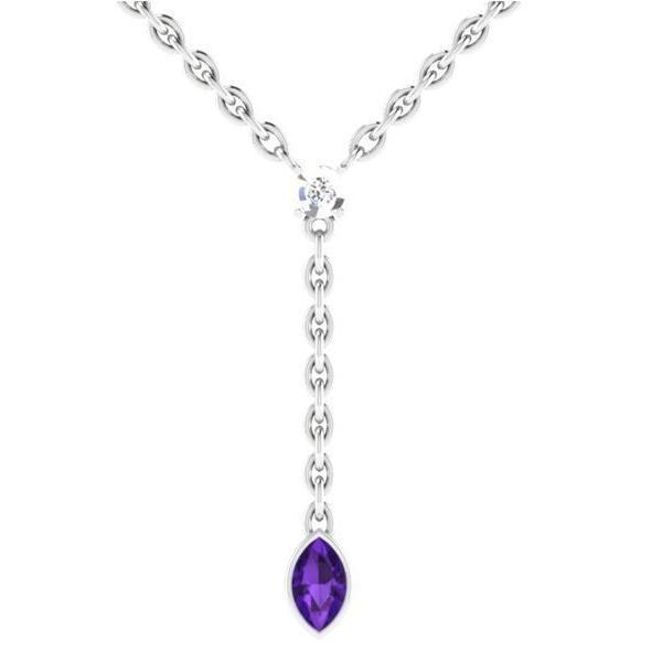 The Hayley Diamond Pendant by Niraa features a captivating gold chain with a round white gemstone connected to a dangling deep blue, marquise-cut gem, offering an exquisite touch of timeless elegance to any ensemble.