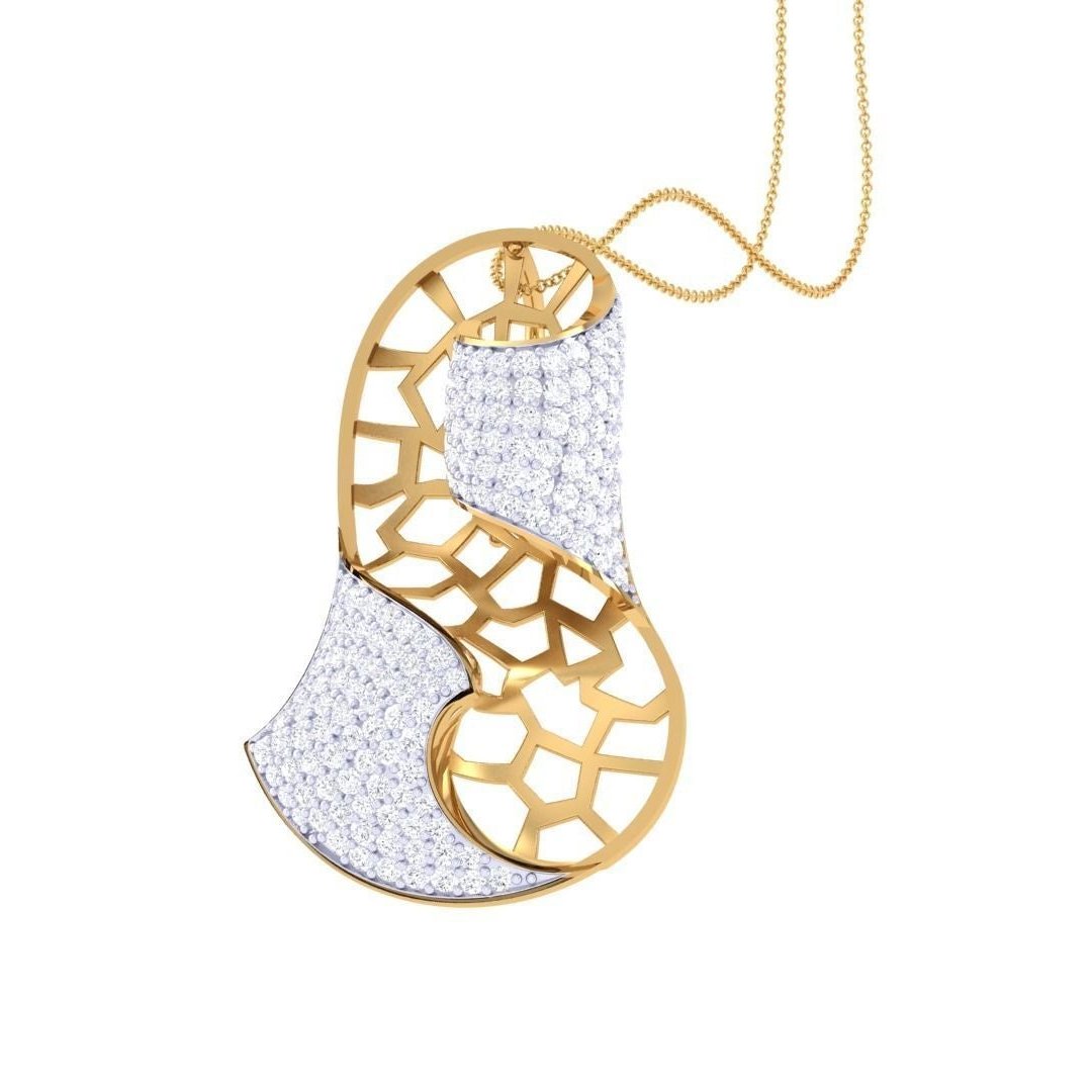 The Astrid Diamond Pendant by Niraa showcases an abstract geometric design with gold honeycomb outlines and diamond-encrusted silver sections. Hanging from a gold chain, this symmetrical masterpiece perfectly combines elegance and artistic flair for any sophisticated style.