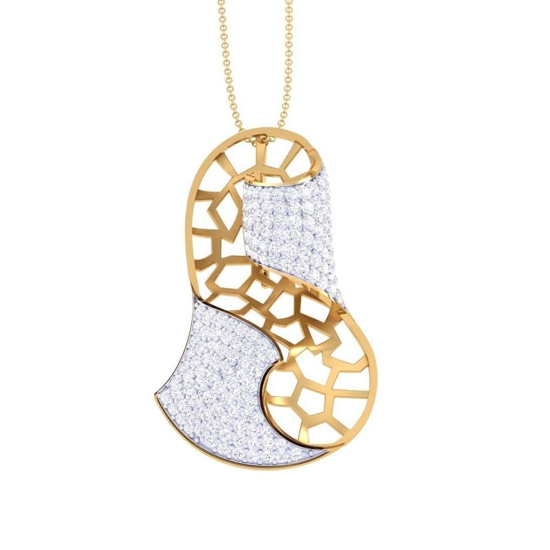 The Astrid Diamond Pendant by Niraa showcases an abstract geometric design with gold honeycomb outlines and diamond-encrusted silver sections. Hanging from a gold chain, this symmetrical masterpiece perfectly combines elegance and artistic flair for any sophisticated style.