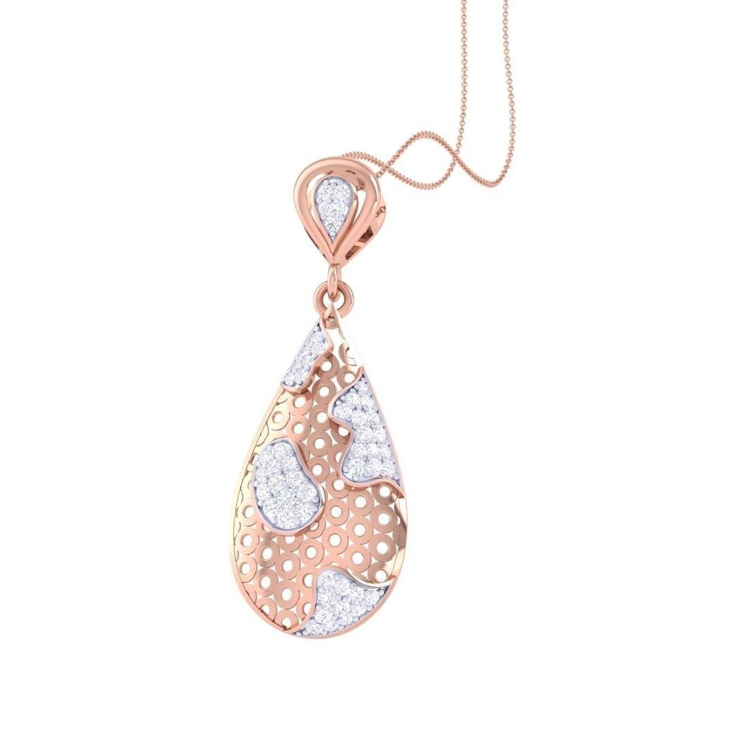 The Kyleigh Diamond Pendant by Niraa features a teardrop shape with intricate cut-out patterns and embedded white stones, hanging gracefully from a delicate chain, offering an exquisite blend of elegance and artistry.