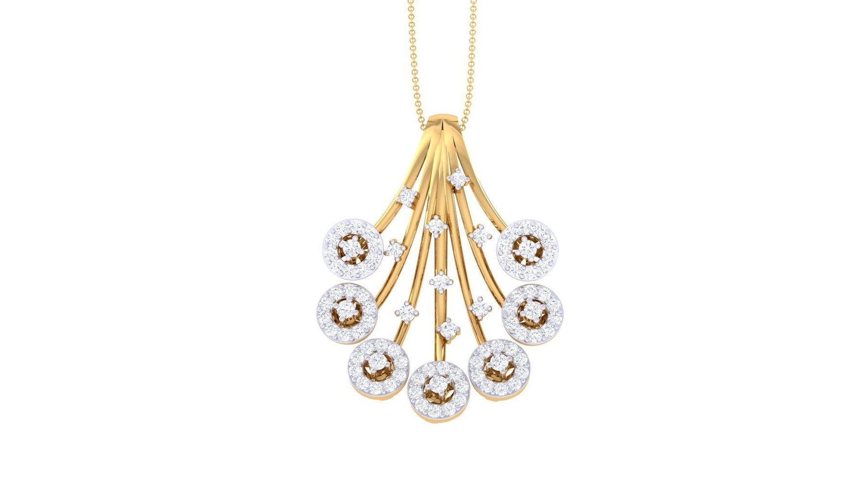 The Madilynn Diamond Pendant by Niraa features an elegant fan-shaped design with seven circles, each center adorned with a brown gem and surrounded by sparkling white stones, gracefully hanging on a delicate gold chain that radiates sophistication.