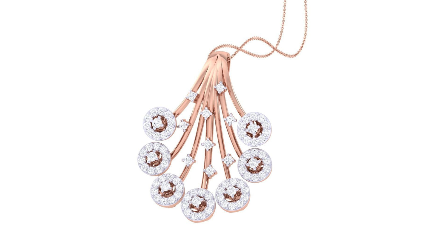 The Madilynn Diamond Pendant by Niraa features an elegant fan-shaped design with seven circles, each center adorned with a brown gem and surrounded by sparkling white stones, gracefully hanging on a delicate gold chain that radiates sophistication.