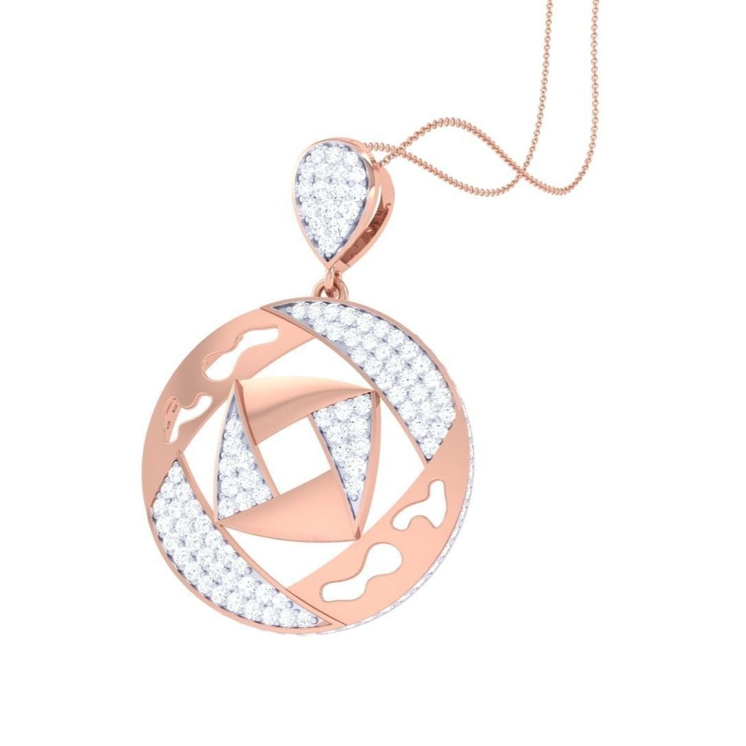 The Aileen Diamond Pendant by Niraa features a gold circular design with geometric cut-outs, embellished with diamonds and a central camera aperture motif. It elegantly hangs from a delicate gold chain, adding sophistication to any outfit.