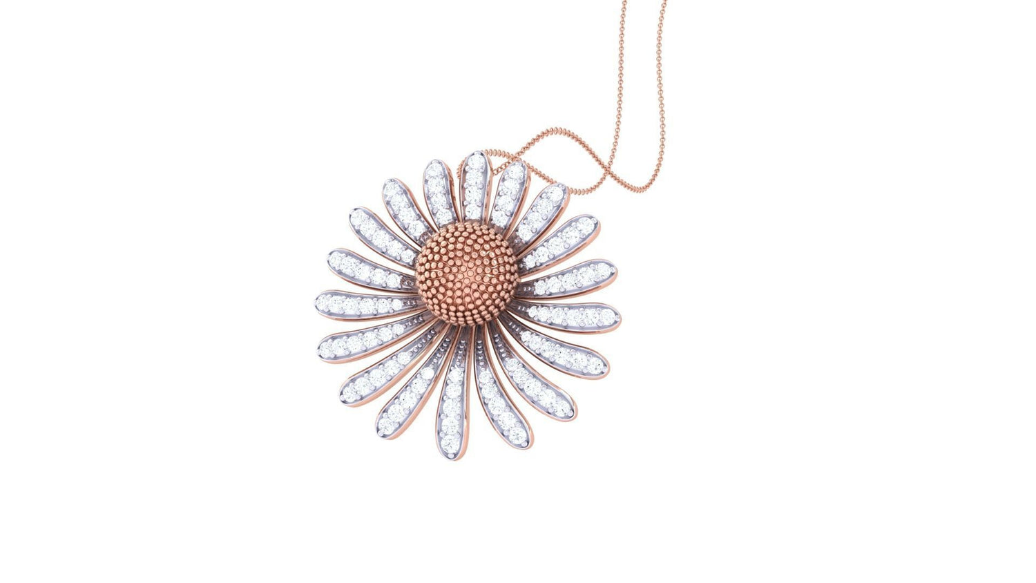 The Skyla Diamond Pendant by Niraa is a gold chain necklace featuring a daisy-shaped pendant with sparkling gemstones outlining the petals and a textured center, all set against a plain white backdrop, captivating in its sincere elegance.