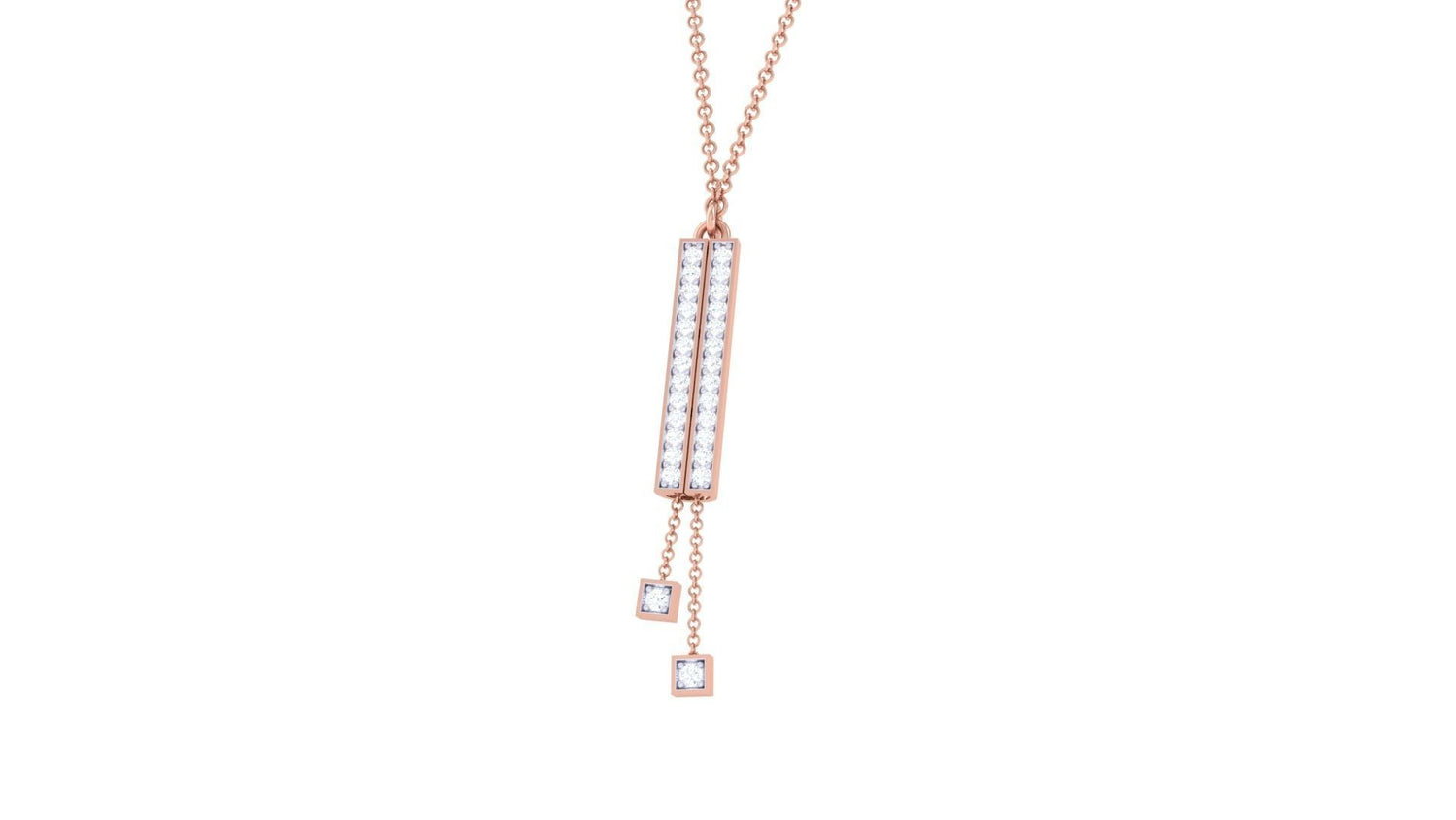 The Mae Diamond Pendant by Niraa is a stunning gold necklace featuring a vertical rectangular pendant with embedded diamonds. Two small diamonds dangle from it at varying lengths, each set in a gold square frame, creating an elegant masterpiece on a delicate gold chain.
