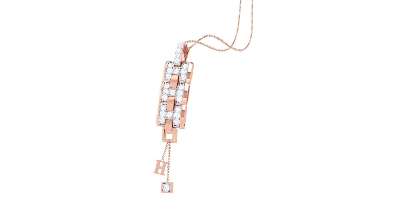 The Esme Diamond Pendant by Niraa showcases a luxurious gold necklace with an intricate rectangular pendant, featuring linked squares sparkling with diamonds. Two elegant dangles extend below, ending in a diamond and a stylish H, effortlessly enhancing your elegance.