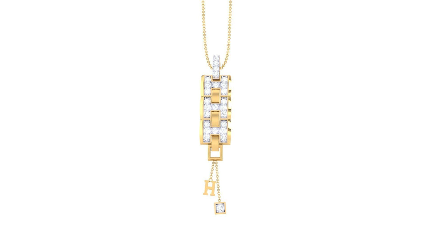 The Esme Diamond Pendant by Niraa showcases a luxurious gold necklace with an intricate rectangular pendant, featuring linked squares sparkling with diamonds. Two elegant dangles extend below, ending in a diamond and a stylish H, effortlessly enhancing your elegance.