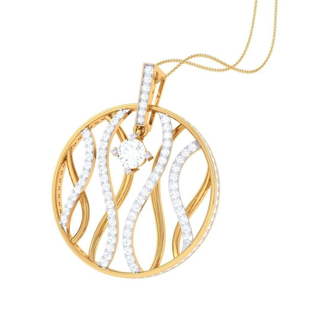 The Ensley Diamond Pendant by Niraa is gold with an intricate wavy design featuring white stones and a central, larger gemstone. It hangs elegantly from a delicate gold chain, showcasing exquisite craftsmanship and attention to detail.