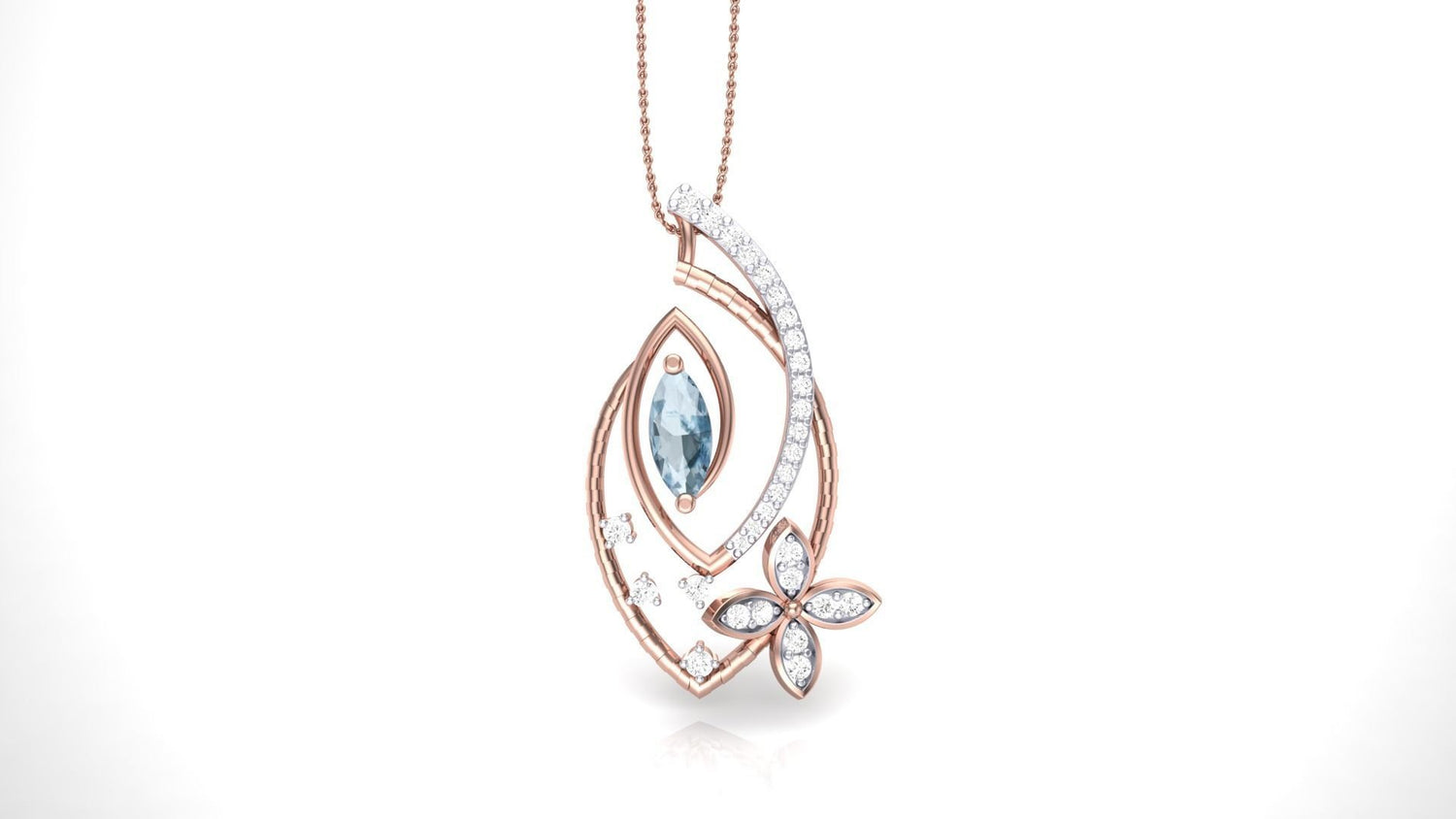 The Niraa Aleah Diamond Pendant features a marquise-cut blue gemstone in an abstract rose gold design, adorned with tiny diamonds and a diamond-studded flower motif, hanging gracefully from a delicate chain.