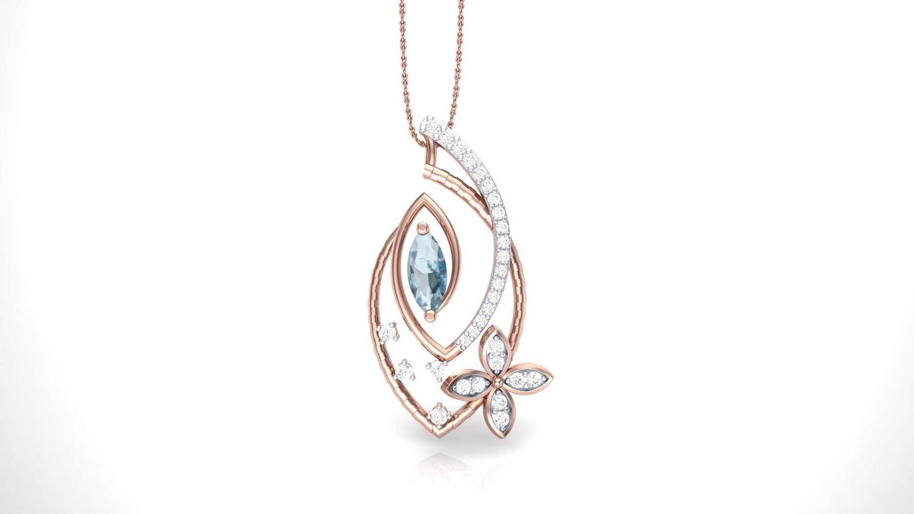 The Niraa Aleah Diamond Pendant features a marquise-cut blue gemstone in an abstract rose gold design, adorned with tiny diamonds and a diamond-studded flower motif, hanging gracefully from a delicate chain.