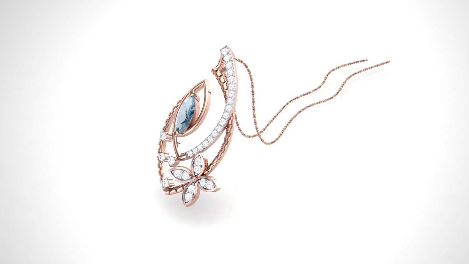 The Niraa Aleah Diamond Pendant features a marquise-cut blue gemstone in an abstract rose gold design, adorned with tiny diamonds and a diamond-studded flower motif, hanging gracefully from a delicate chain.