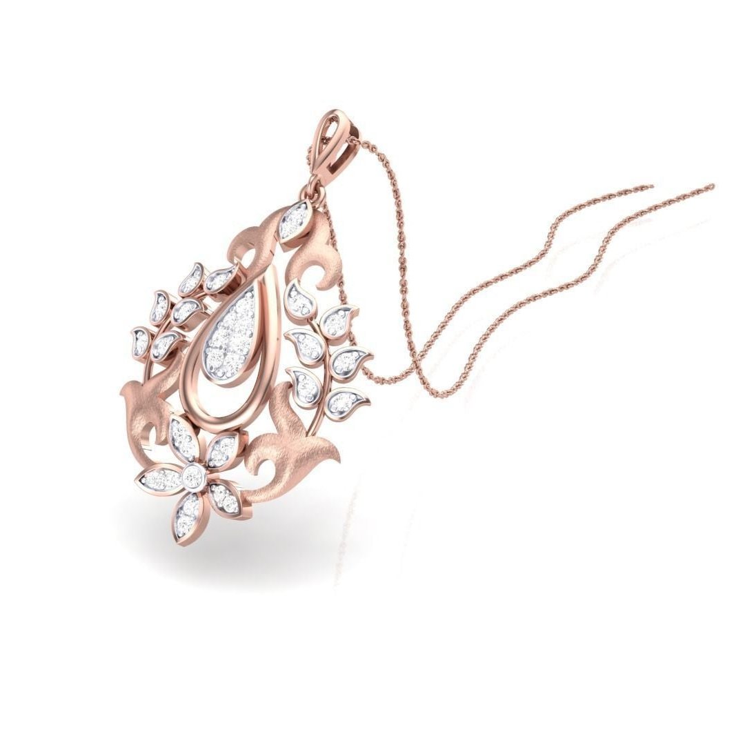 The Giuliana Diamond Pendant by Niraa features an intricate rose gold design with a teardrop diamond cluster, surrounded by delicate floral and leaf diamond motifs, epitomizing elegance.