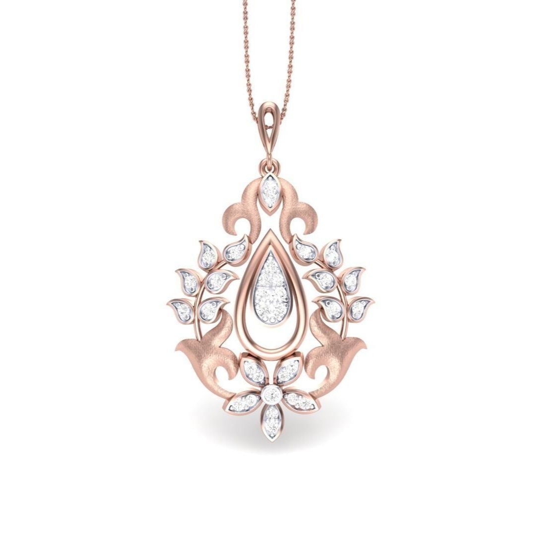 The Giuliana Diamond Pendant by Niraa features an intricate rose gold design with a teardrop diamond cluster, surrounded by delicate floral and leaf diamond motifs, epitomizing elegance.