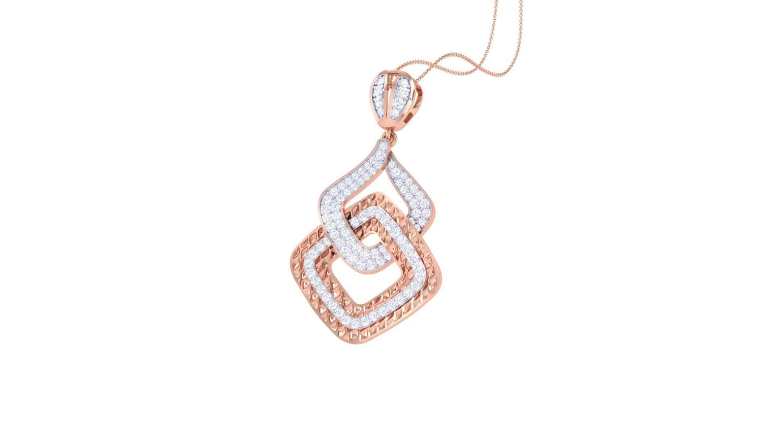 The Lea Diamond Pendant by Niraa features an interlocking square design with intricately shimmering gemstones. It hangs elegantly from a delicate chain, embodying sophistication and grace, perfect for any occasion.