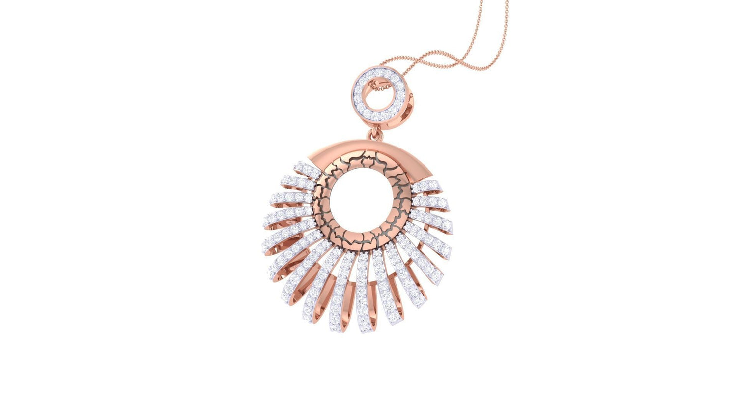 The Aliza Diamond Pendant by Niraa features a circular gold design with radiant diamond-like stones and a smaller circle above. It hangs elegantly from a delicate chain, adding intricate charm to this exquisite accessory.