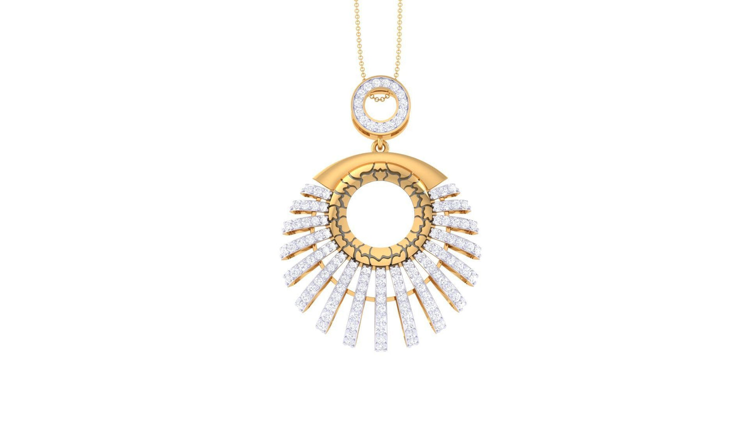 The Aliza Diamond Pendant by Niraa features a circular gold design with radiant diamond-like stones and a smaller circle above. It hangs elegantly from a delicate chain, adding intricate charm to this exquisite accessory.