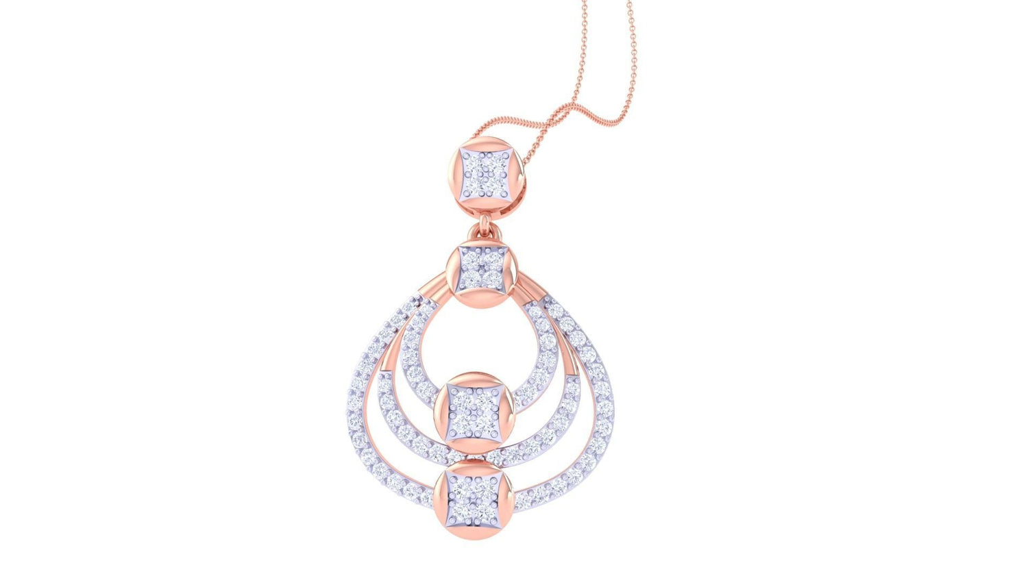 The Lilyana Diamond Pendant by Niraa is an exquisite gold necklace with three elegant curves adorned with small white gemstones. Each section is joined by square gold elements, offering a luxurious and sophisticated look, while a delicate chain completes this timeless piece.