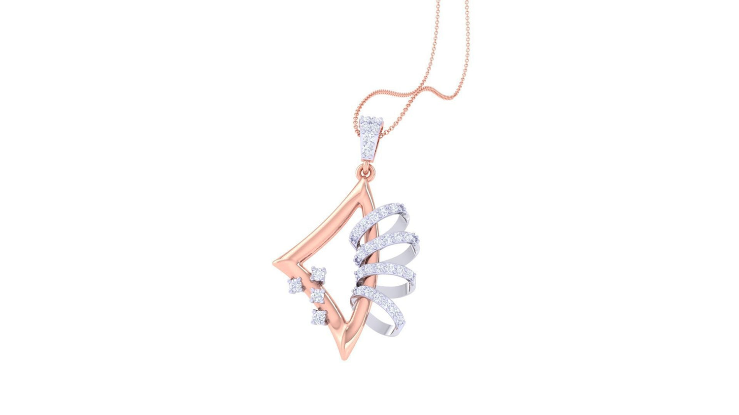 The Anika Diamond Pendant by Niraa showcases an abstract design with curves and spirals, adorned with sparkling gems. It elegantly hangs from a delicate gold chain, standing out brilliantly against a plain white background.